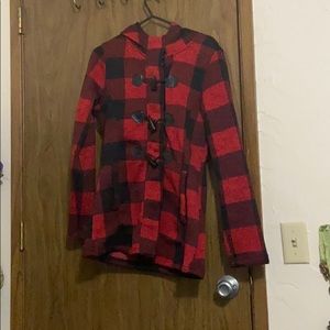 Red and black plaid pea coat